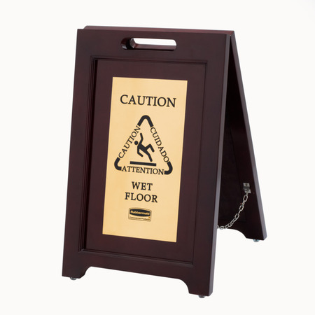 RUBBERMAID COMMERCIAL Exec Multi-Ling Caution Sign, Gold 1867507